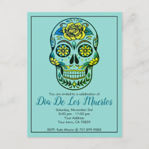 Dia De Los Muertos Sugar Skull With Flowers Blue Invitation Postcard
