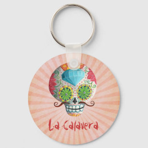 Dia de Los Muertos Sugar Skull with Moustaches Keychain