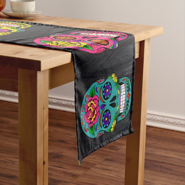 Día de los Muertos Sugar Skulls Dark Trees 16X108" Long Table Runner (In Situ)