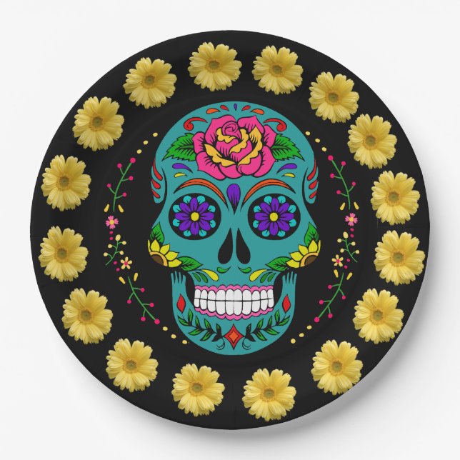 Dia de los Muertos Teal Sugar Skull & Daisies 9" Paper Plate (Front)