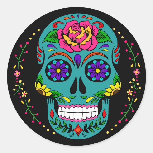 Día de los Muertos Teal Sugar Skull Halloween Classic Round Sticker (Front)