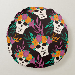 Dia de Los Muertos,traditional Mexican Halloween f Round Pillow