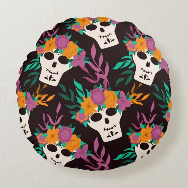 Dia de Los Muertos,traditional Mexican Halloween f Round Pillow (Front)