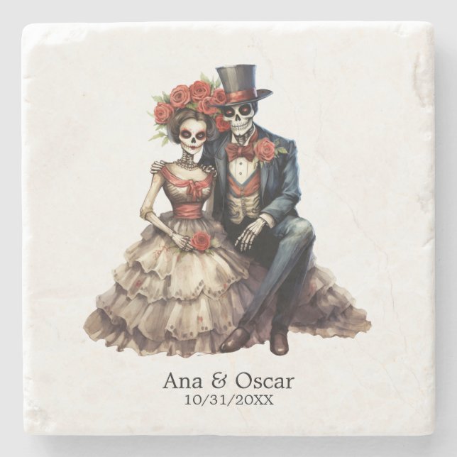 Dia de los Muertos Wedding Mr and Mrs Sugar Skulls Stone Coaster (Front)