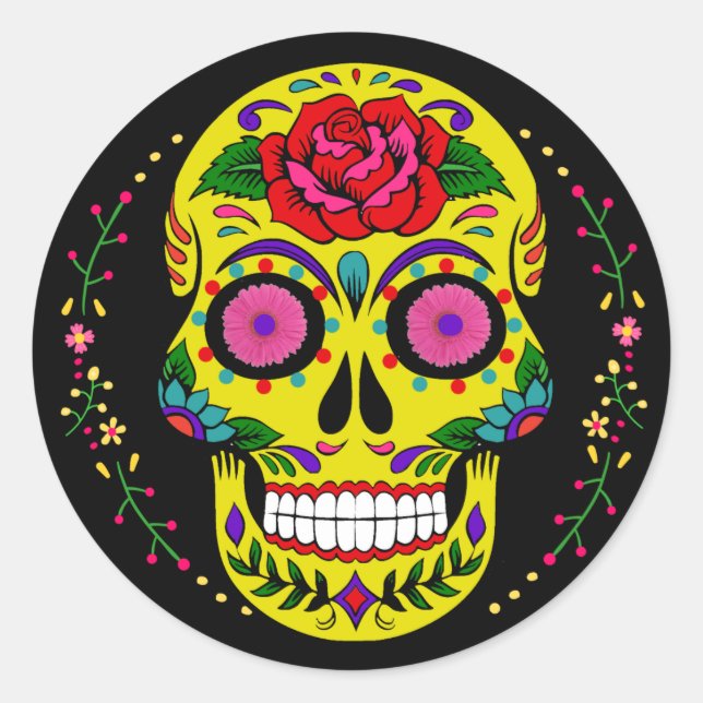 Día de los Muertos Yellow Sugar Skull Halloween Classic Round Sticker (Front)