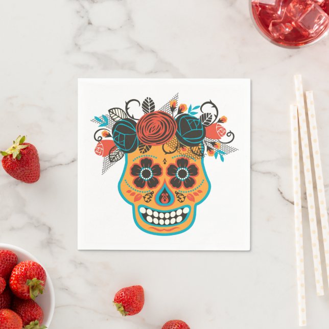 Dia de lost Muertos Sugar Skull with Roses Napkin (Insitu)