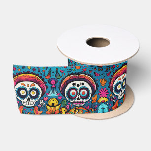 Dia de Muertos, blue sugar skulls pattern Satin Ribbon