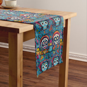 Dia de Muertos, blue sugar skulls pattern Short Table Runner