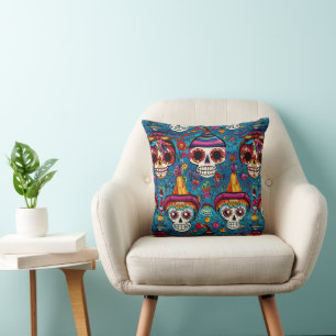 Dia de Muertos, blue sugar skulls pattern Throw Pillow