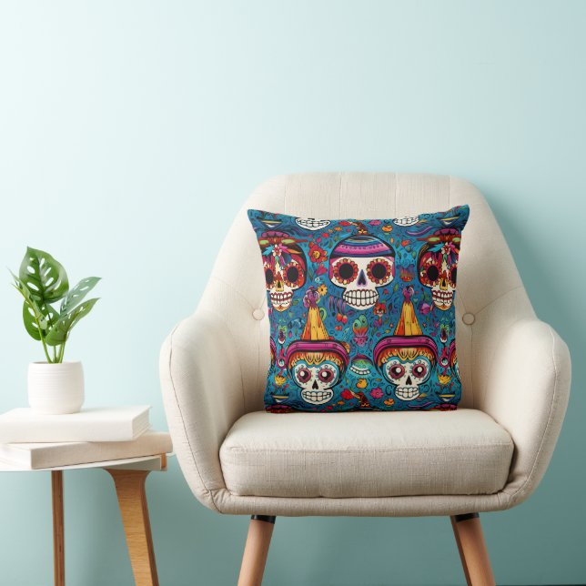 Dia de Muertos, blue sugar skulls pattern Throw Pillow (Chair)