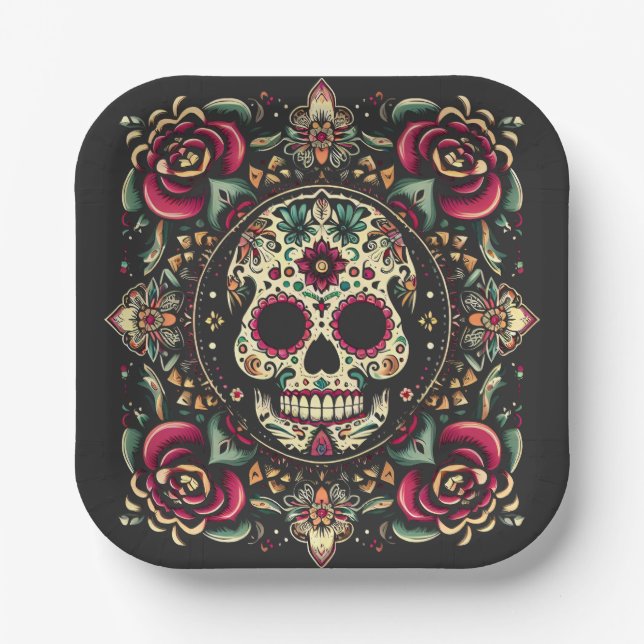 Día de Muertos Day Of The Dead Mandala Halloween Paper Plate (Front)