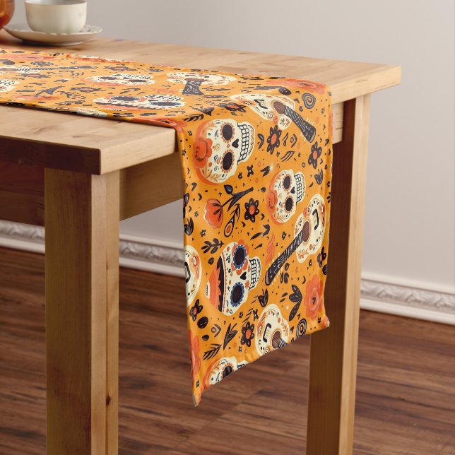 Dia de Muertos, guitars and sugar skulls orange Short Table Runner (In Situ)