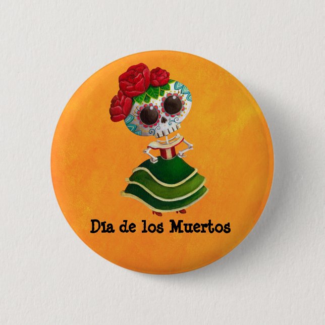 Dia de Muertos Mexican Miss Death 2 Inch Round Button (Front)