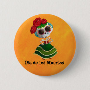 Dia de Muertos Mexican Miss Death 2 Inch Round Button