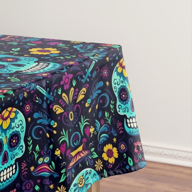 Día de Muertos Reverie: Turquoise Sugar Skull Spec Tablecloth (In Situ)