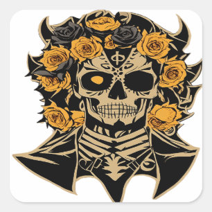 Día de Muertos Skull Orange and Black Flowered Des Square Sticker