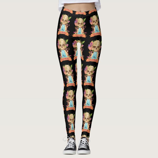 Dia de Muertos Skull Waterfall and Mariachi Leggings (Front)