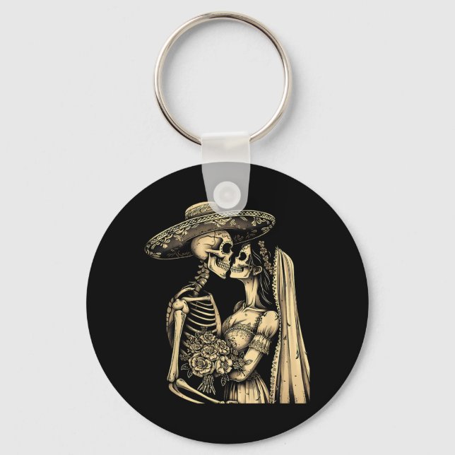 Dia De Muertos Sugar Skull Couple Skeleton Bride W Keychain (Front)