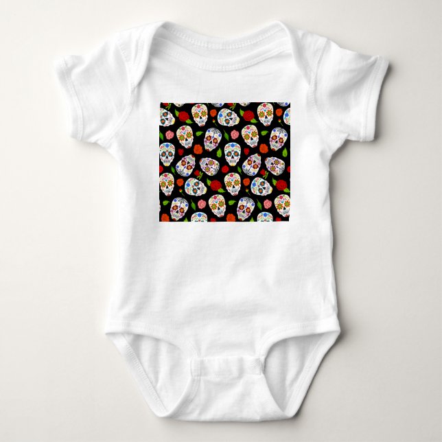 Dia Los Muertos: sugar skulls pattern. Baby Bodysuit (Front)