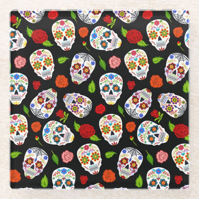 Dia Los Muertos: sugar skulls pattern. Glass Coaster (Front)