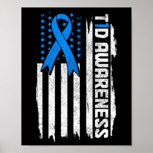 Diabetes Awareness Month Blue Ribbon Type 1 Patrio Poster