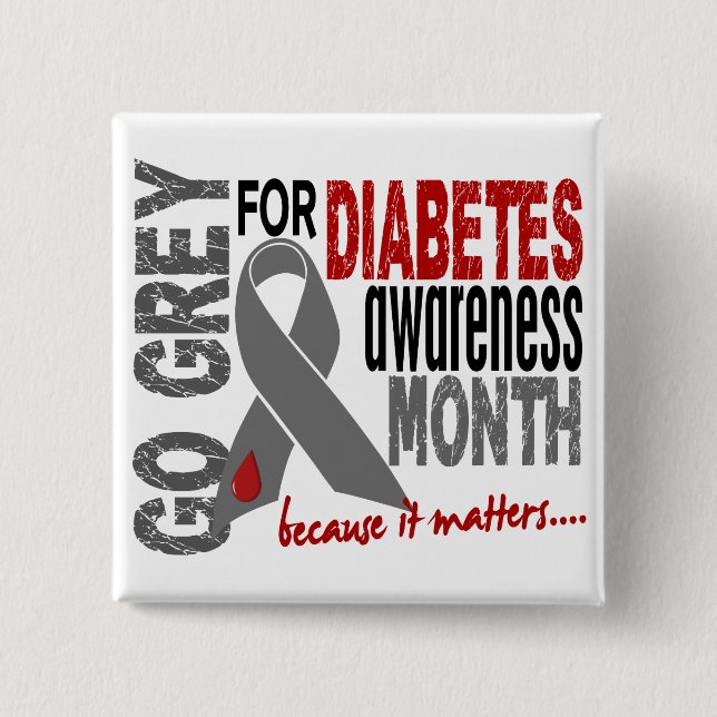 Diabetes Awareness Month Grey Ribbon 1.4 2 Inch Square Button (Front)
