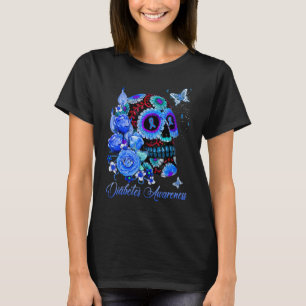 Diabetes Awareness Skull Blue Ribbon Rose Butterfl T-Shirt