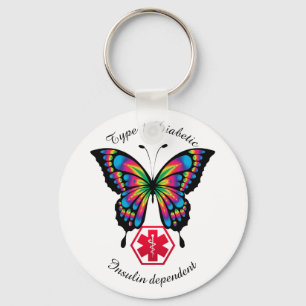 Diabetic Alert Type 1 or 2 Personalize Butterfly Keychain