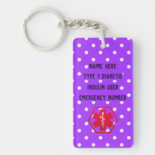 Diabetic Pink Medical Alert  Type 1 or 2 Keychain