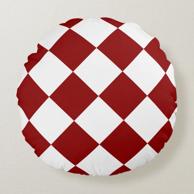 Diag Chequered Large - White and Dark Red Round Pillow (Front)