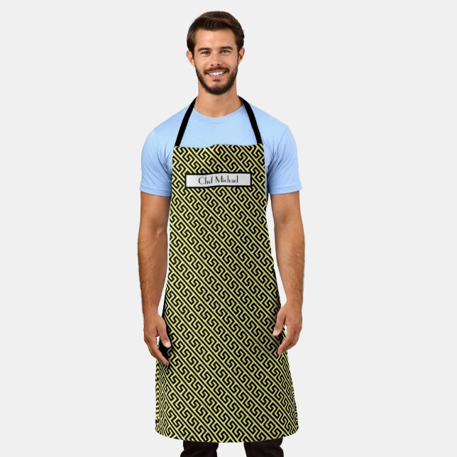 Diag Greek Key Pattern DIY Colours BlackYellow SV Apron (Worn)