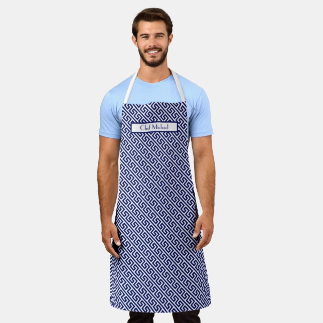 Diag Greek Key Pattern DIY Colours Navy White SV Apron (Worn)