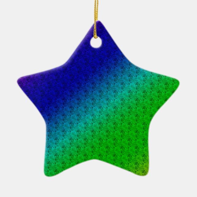 Diag Rainbow Gradient Floral Pattern Blue Green Ceramic Ornament (Front)