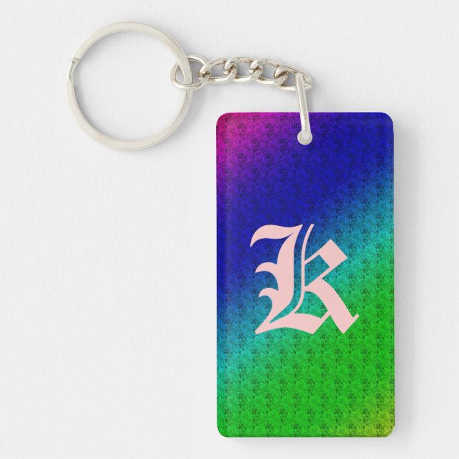 Diag Rainbow Gradient Floral Pattern Blue Green Keychain (Front)