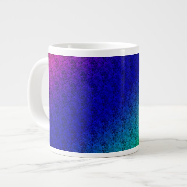 Diag Rainbow Gradient Floral Pattern Blue Green Large Coffee Mug (Front Left)