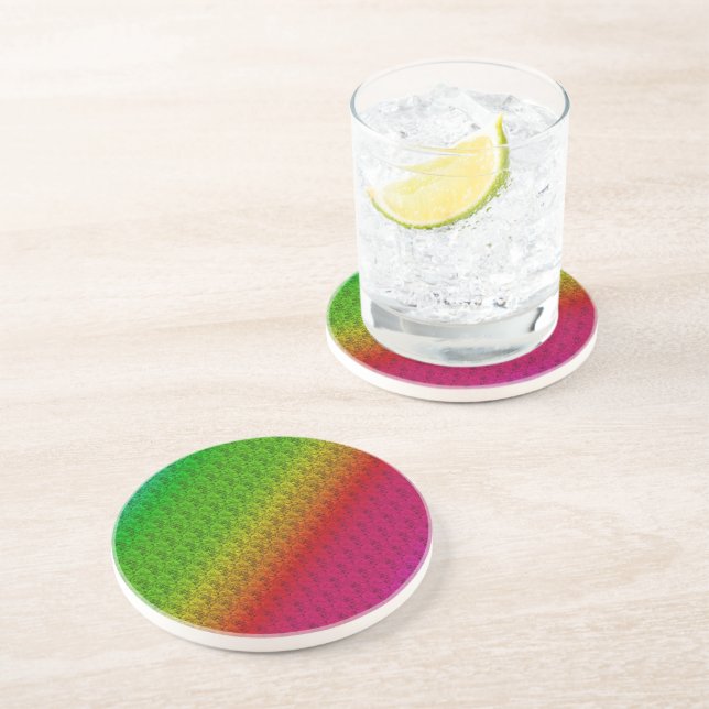 Diag Rainbow Gradient Floral Pattern Red Green Coaster (Side)
