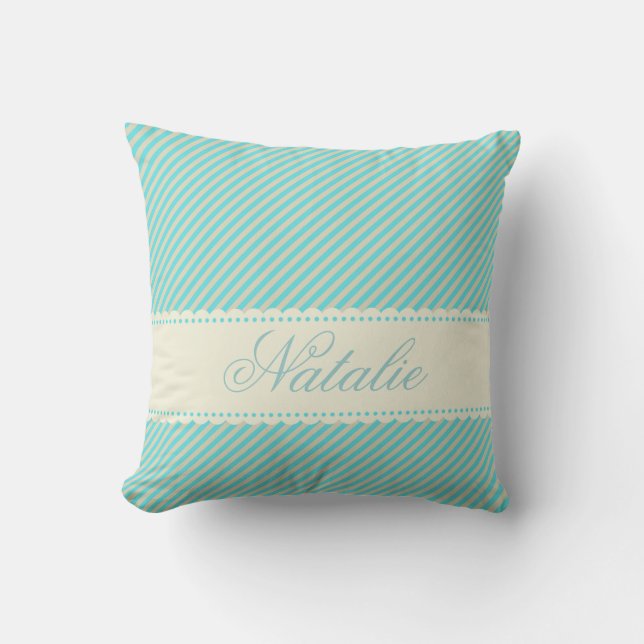 Diagonal Aqua Blue Cream Stripes Custom Name Throw Pillow (Front)
