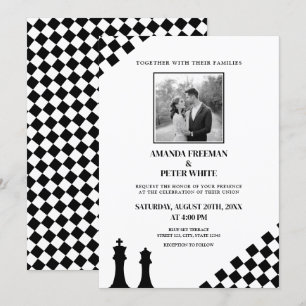 Diagonal Black Chess Bold Checkers Wedding Invitation
