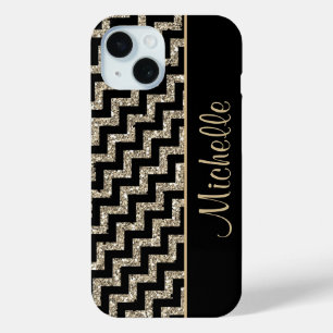 Diagonal Black Chevron Gold Personalized iPhone 15 Case