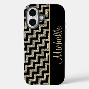 Diagonal Black Chevron Gold Personalized iPhone 16 Case