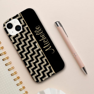 Diagonal Black Chevron Gold Personalized Case-Mate iPhone 14 Case