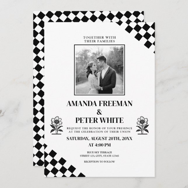 Diagonal Black Flower Bold Checkers Wedding Invitation (Front/Back)