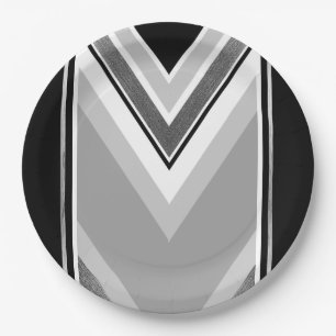Diagonal black, grey, metallic striped print paper plate