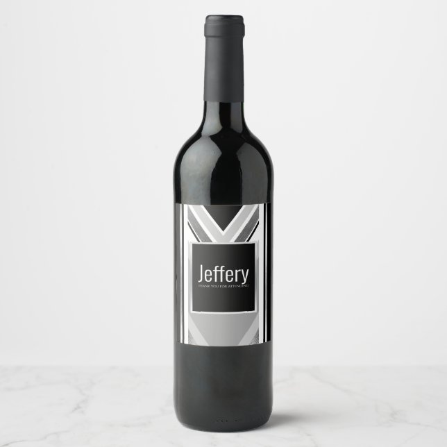 Diagonal black, grey, metallic striped print wine  label (Front)