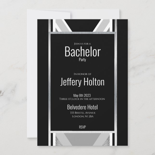 Diagonal black, grey, metallic striped save the da save the date (Front)