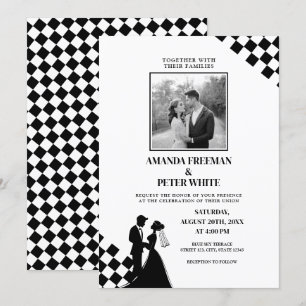 Diagonal Black Silhouette Bold Checkers Wedding Invitation