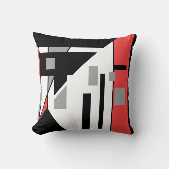 Diagonal Black with Red Grey Geometric Abstract Throw Pillow (Front)