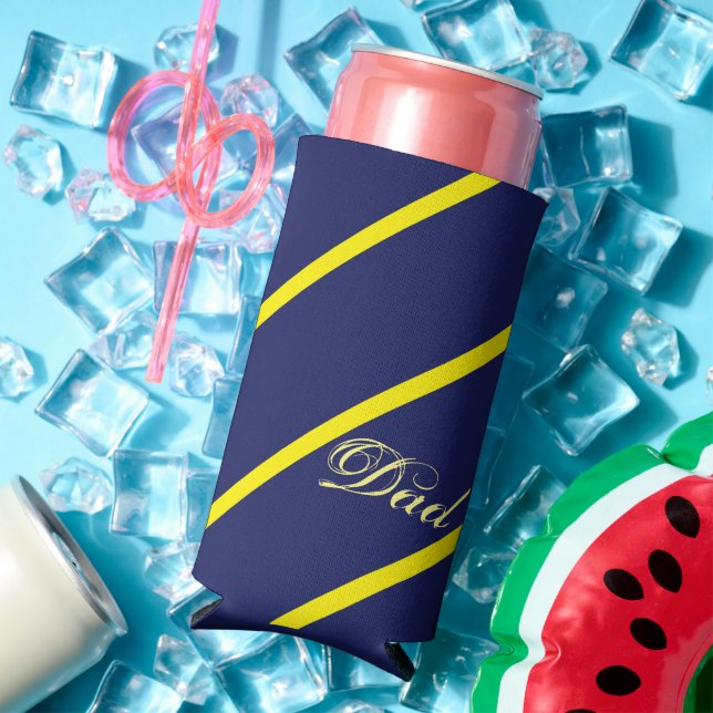 Diagonal blue and yellow stripes with dad text seltzer can cooler (In Situ Summer)