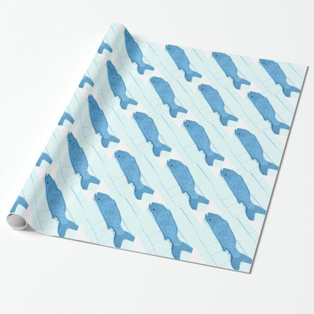 Diagonal blue fish pattern wrapping paper (Unrolled)