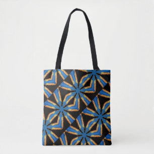 diagonal blue stars pattern black tote bag